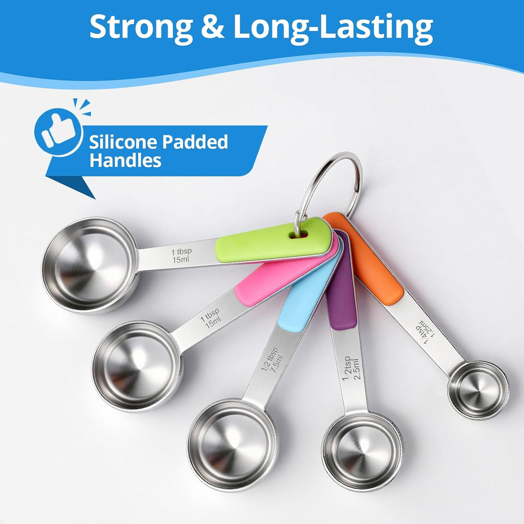 Measuring Cups And Spoons Set Stainless Steel 10 Piece For Cooking And Baking (5 Cups + 5 Spoons, Colorful Handles)