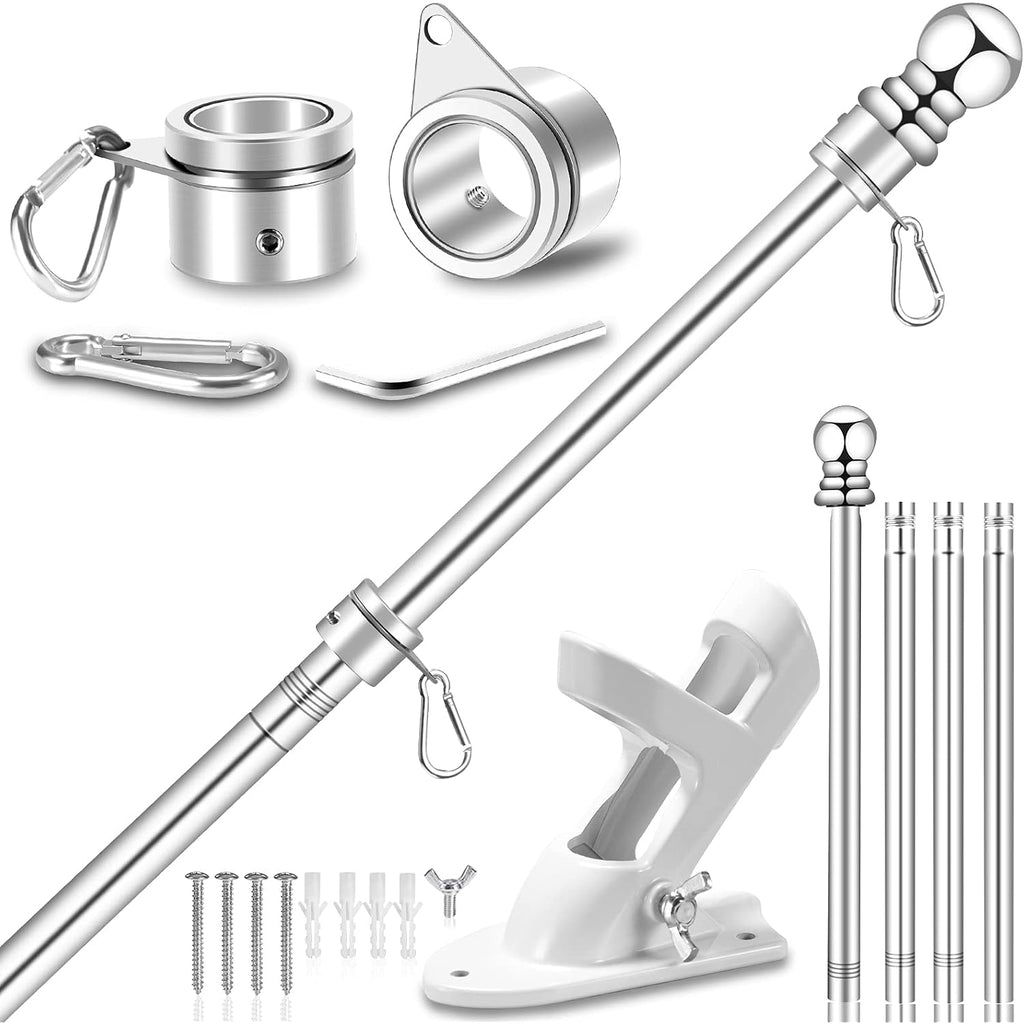 5 Ft Flag Pole For Outside House, 1" Stainless Steel Flag Pole Kit With 2-Position Flagpole Holder Bracket & 360° Spinning Metal Flag Ring Clips, Outdoor Porch Wall Mounted For 3X5 Flag (5 Ft, Silver)