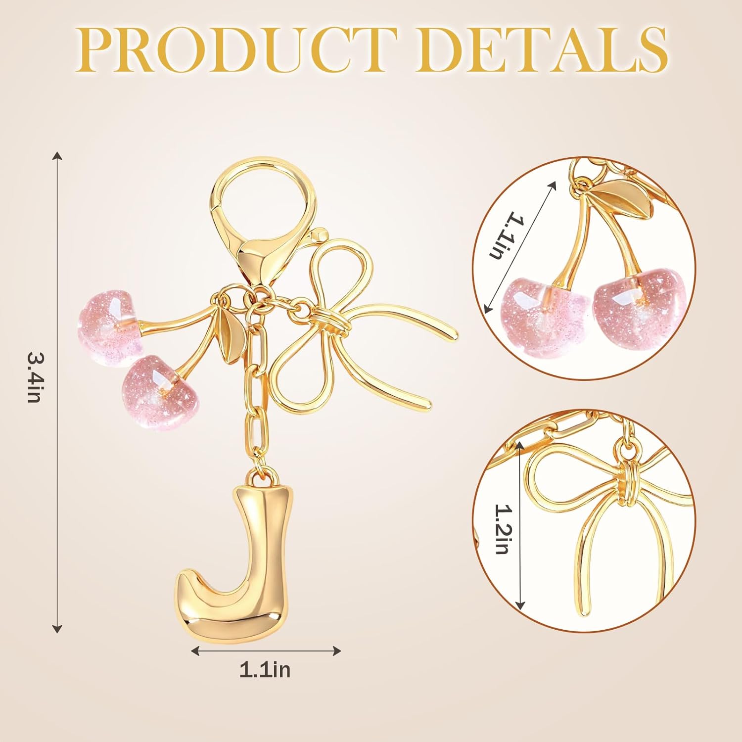 Snycler Bubble Initial Keychain with Bow & Cherry - Gold Letter Bag Charms for Women, Cute Purse Handbag Accessories