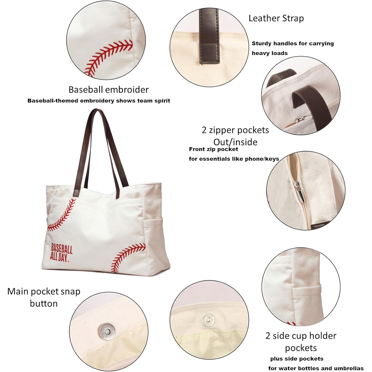 Canvas Tote Bag for Women, Embroidery Baseball Mom Bag, Baseball Mom Accessories, Sports Team Must Have, Baseball Gifts, Baseball-Specific Daily Use for Games, Travel, Gym(X-large white) …