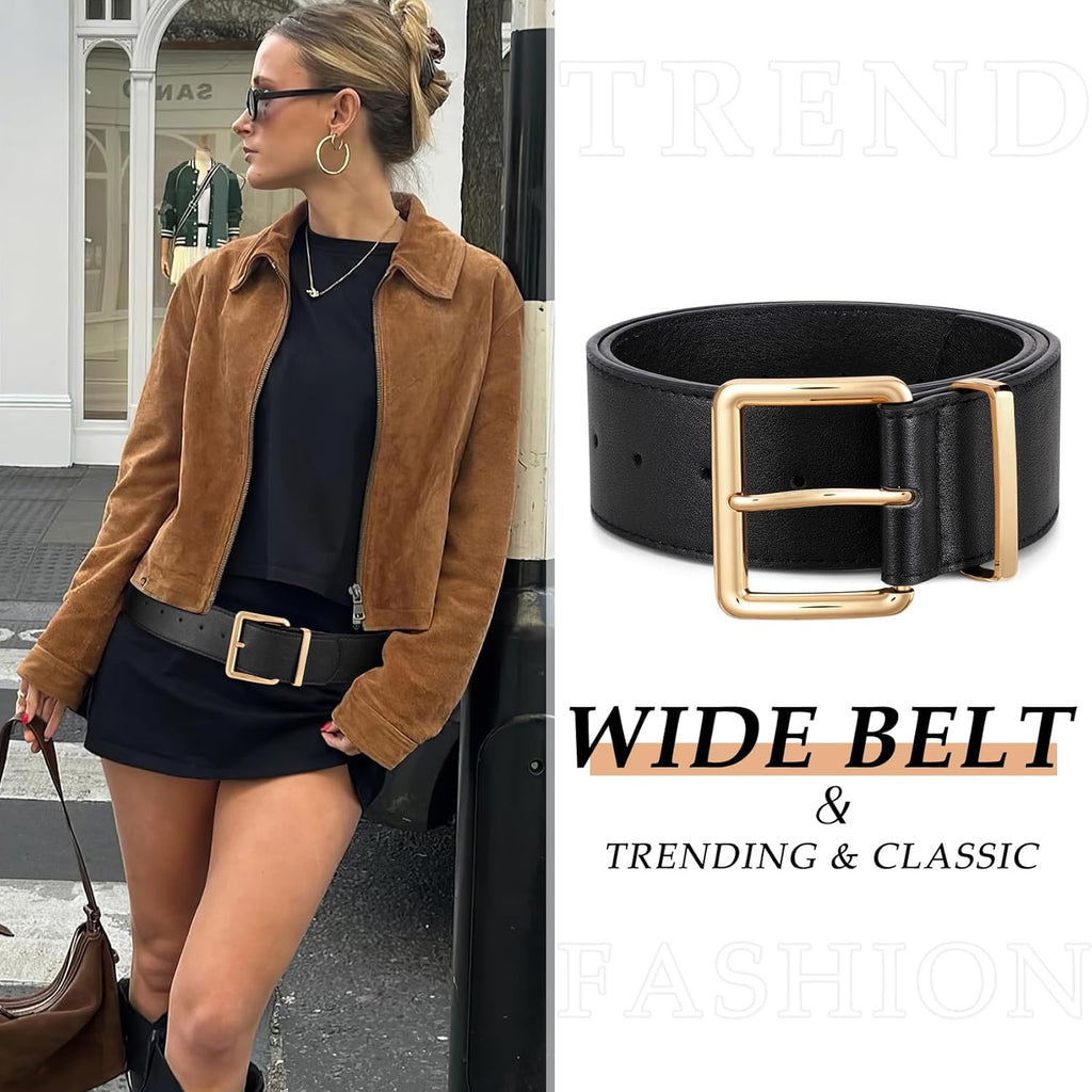 WERFORU Women Wide Belt for Dresses Thick Leather Belt with Big Gold Buckle Fahion Women Chunky Belt