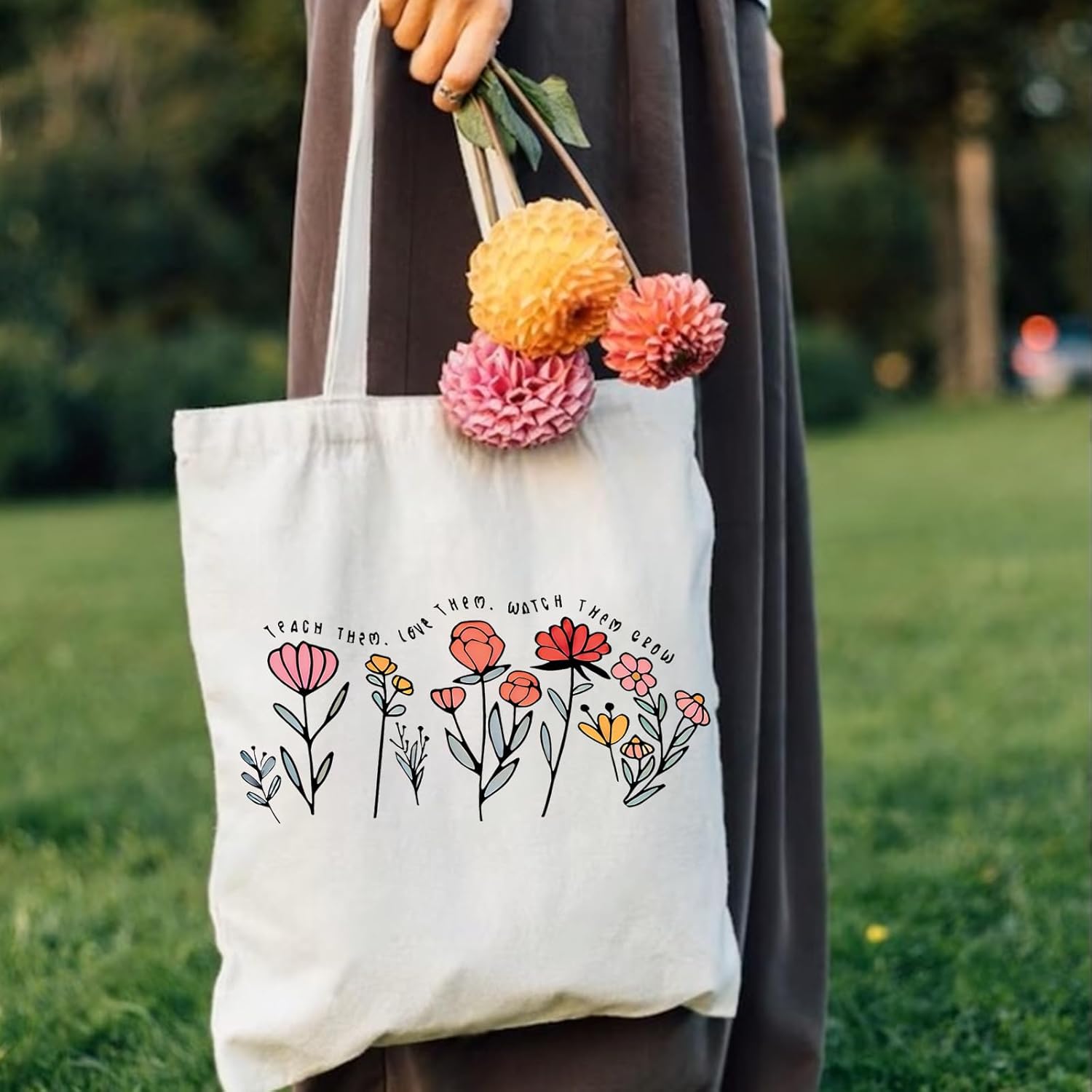 Pavolini Teacher Appreciation Gifts, Flower Printed Canvas Tote Bag, Teacher Gifts, Thank you Gift, Sturdy Cotton Shoulder Bag for Women End of Year Idea Gift