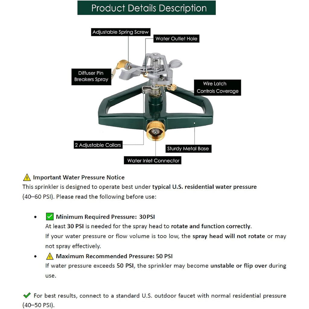 Wemade Heavy Duty Metal Pulsating Sprinklers For Yard - 360 Degree Roating Automatic Water Sprinkler For Lawn With Metal Base, Impact Sprinklers For Large Area Covers Up To 85‘ Diameter