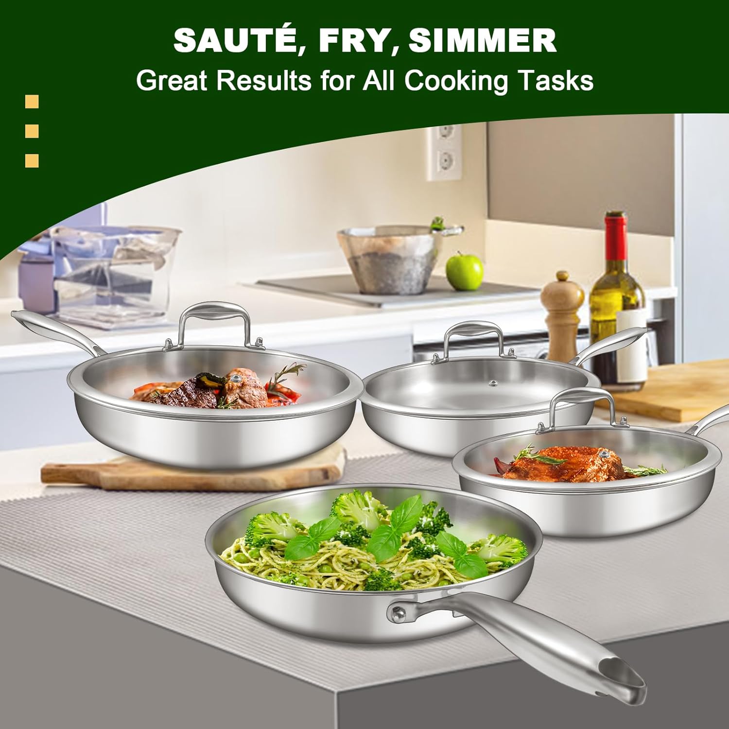 EWFEN 12 Inch Tri-Ply Stainless Steel Frying Pan, Compatible with All Cooktops Up to 600℉, Large Frying Pan with lids, Induction-Ready Skillet, Dishwasher and Oven Safe, Even Heat, 12" Skillet + Lid