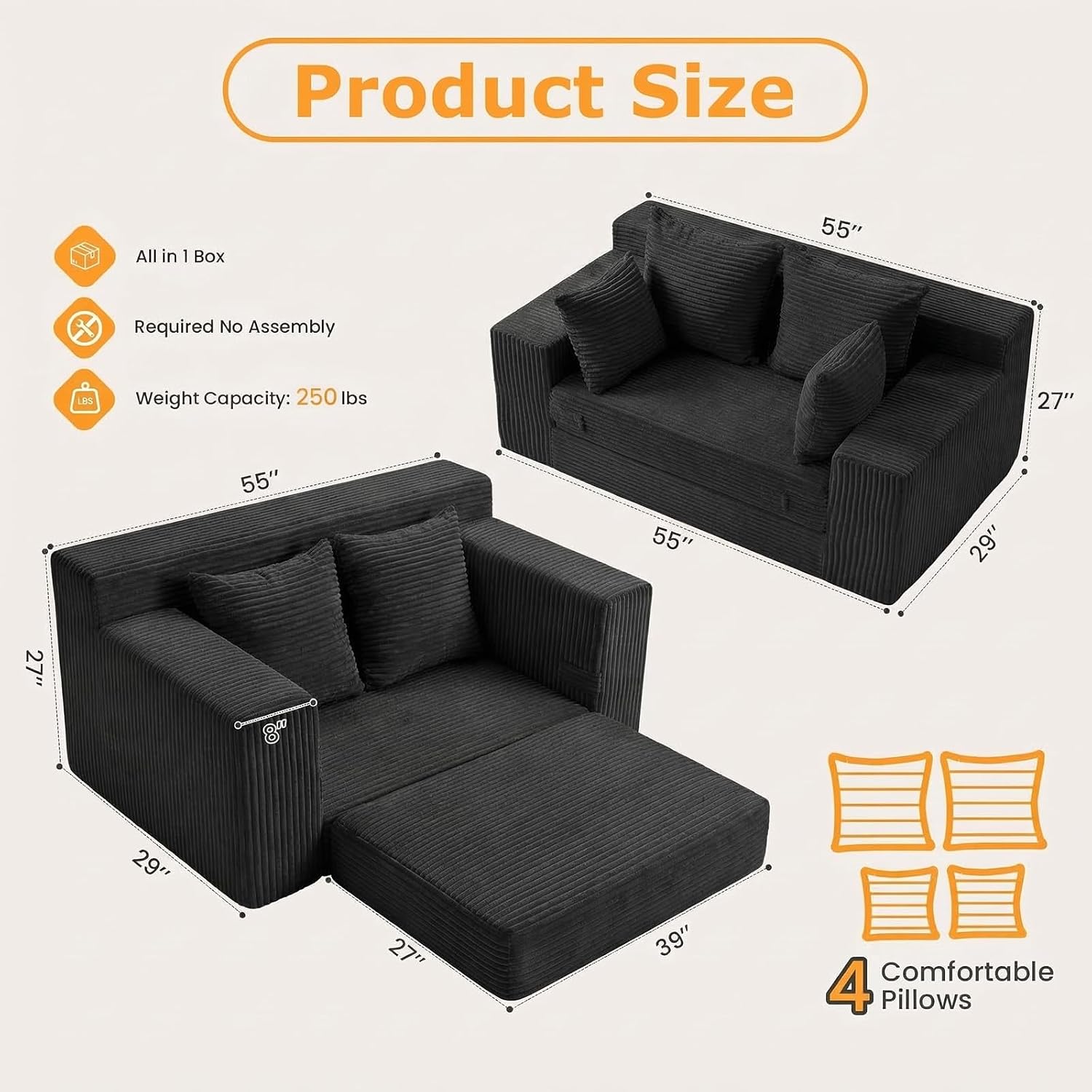 55" Small Boneless Couch, 3-In-1 Boneless Loveseat Sleeper Sofa Bed Convertible Sofa Bed With 4 Pillows, Black Corduroy Boneless Couch For Living Room, Guest Room, Small Space, No Assembly Required