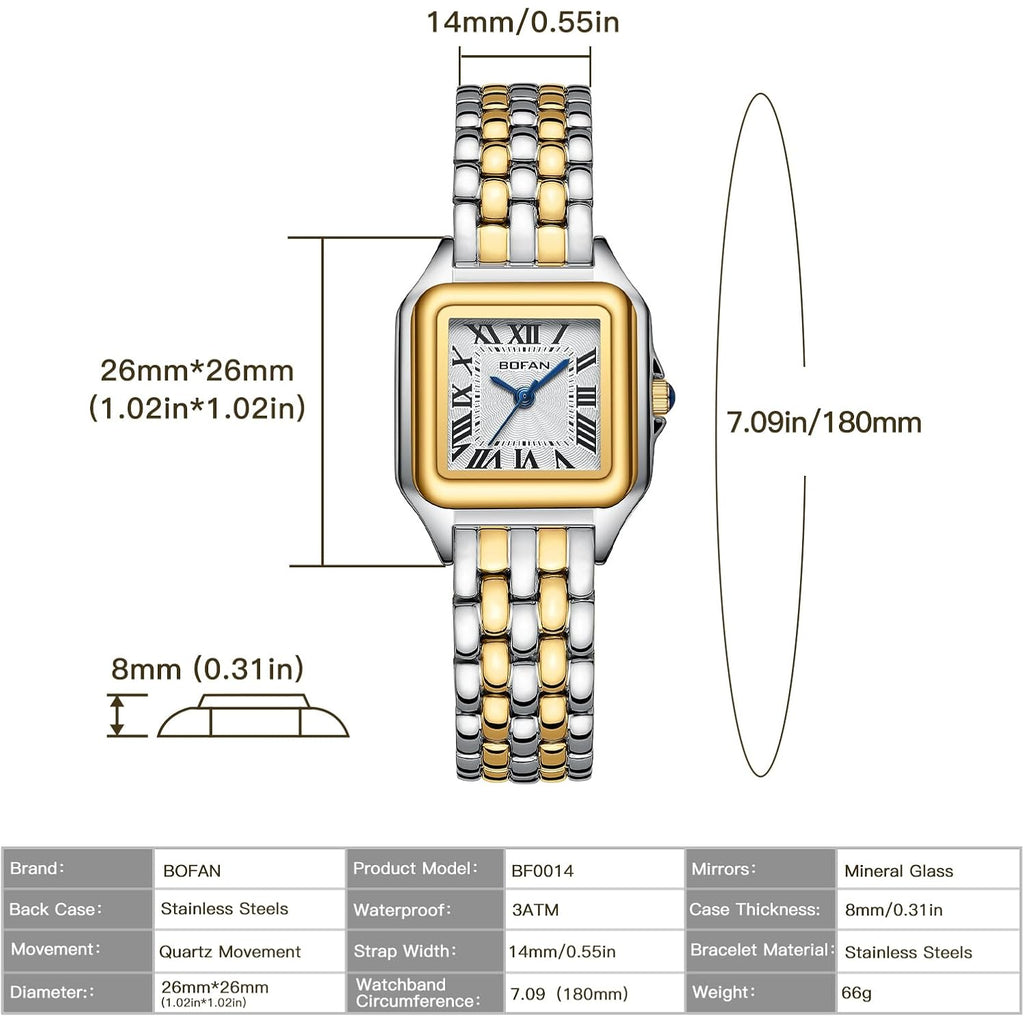 Bofan Small Gold Watches For Women Easy Reader Ladies Quartz Wrist Watch With Stainless Steel Band,Roman Dial,Water Resistant,Bracelet Adjuster Included