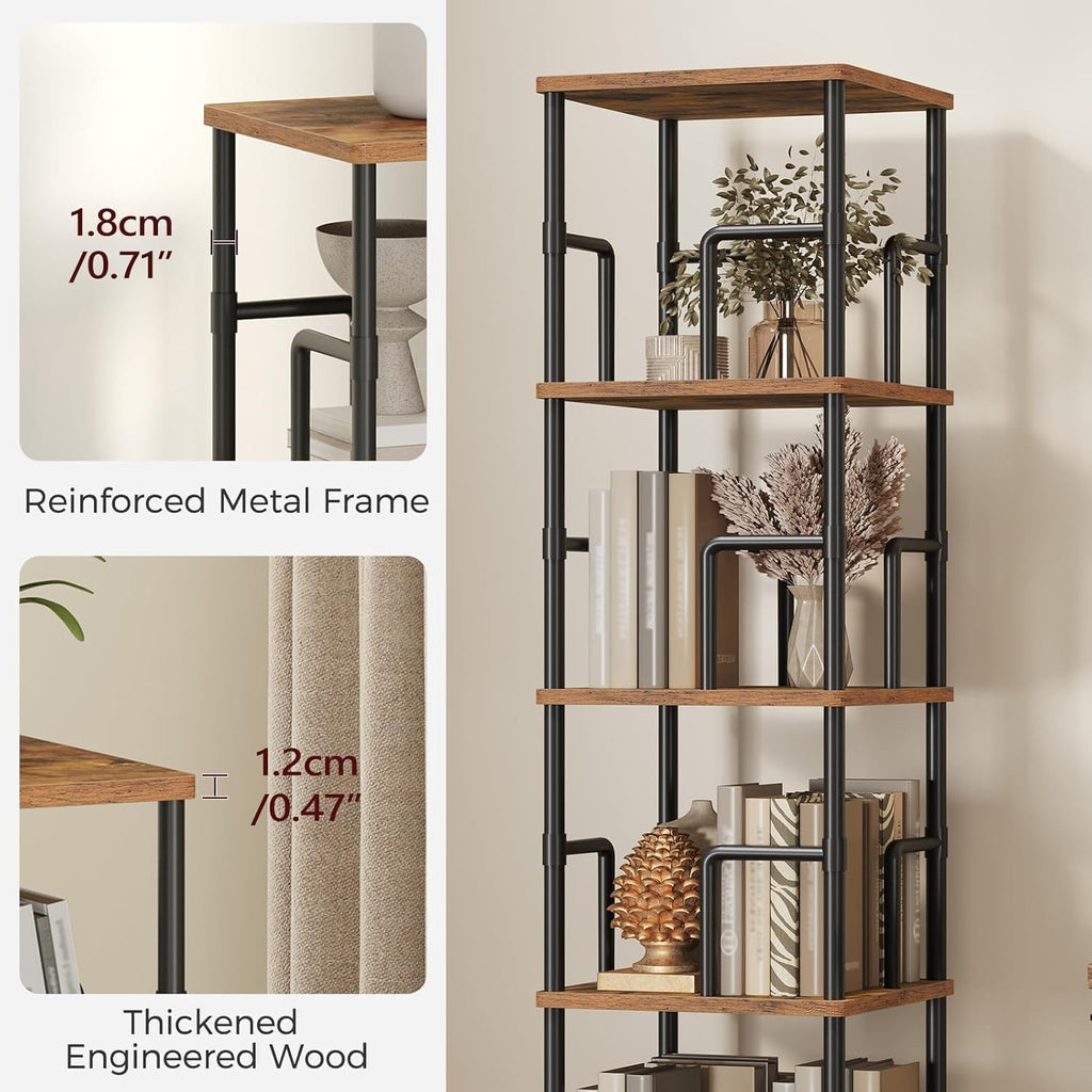 Mahancris 5-Tier Rotating Bookshelf, Freestanding Corner Bookshelf, 360° Spinning Bookcase, Industrial Style Storage Rack With Rails, For Living Room, Bedroom, Study, Rustic Brown And Black Bkhr1601