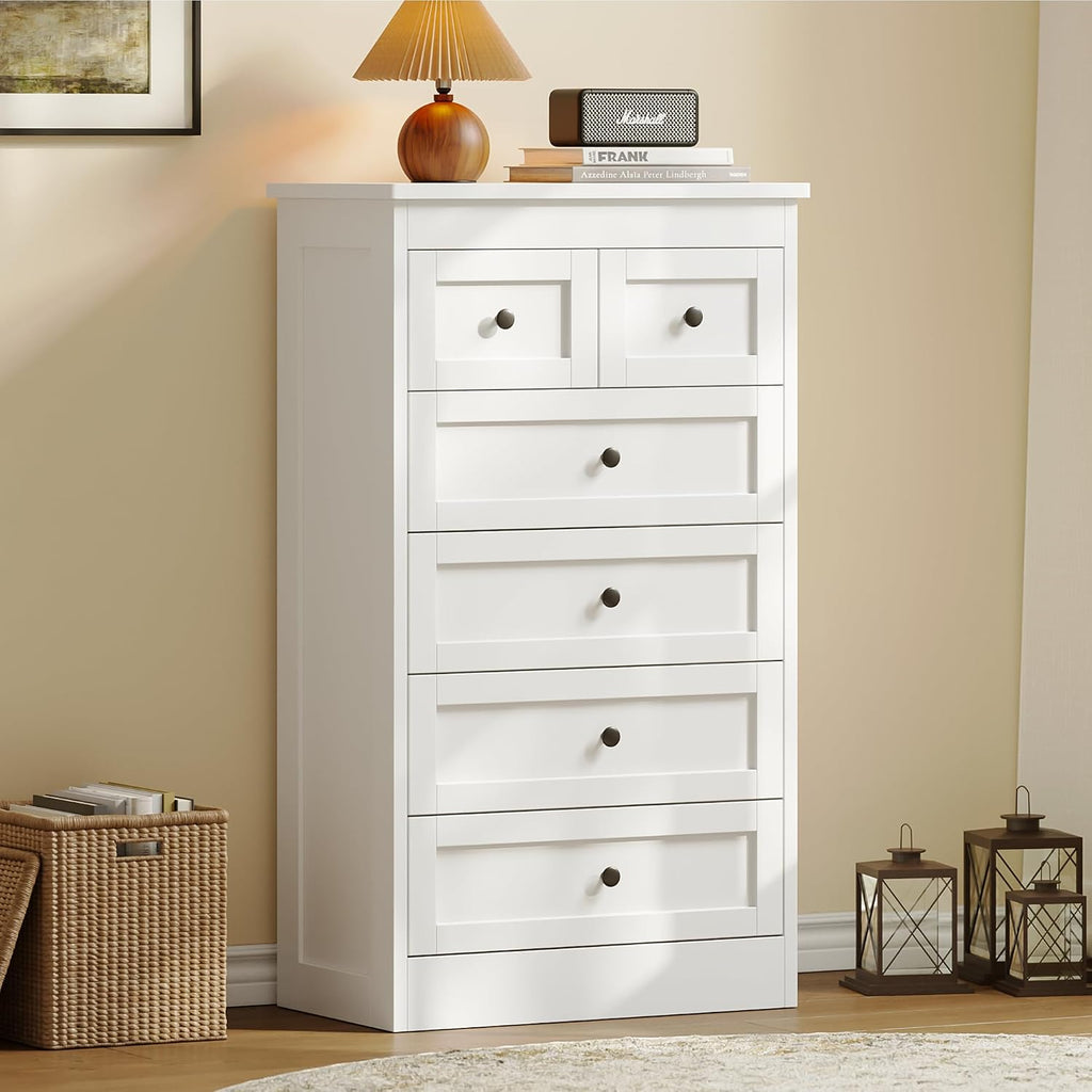 Tall 6 Drawer Dresser For Bedroom, White Modern 43.3'' Tall Wood Chest Of Drawers, Storage Organizer With Smooth Metal Rails & Anti-Tip Kit For Closet, Hallway, Living Room
