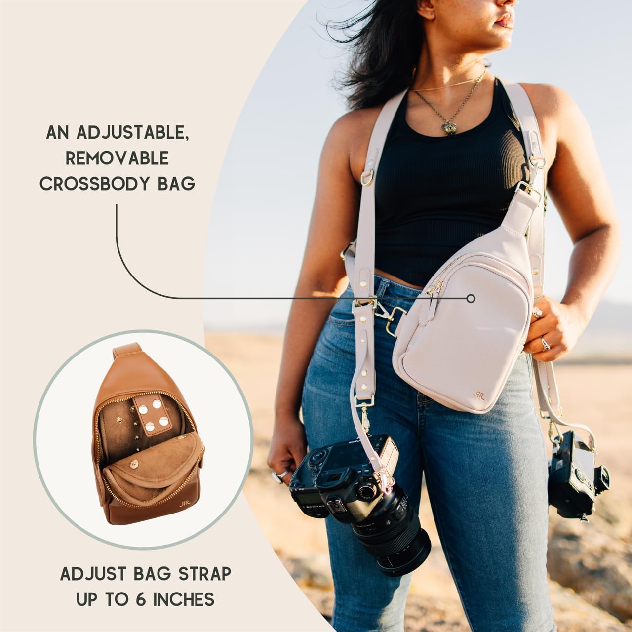 Ruby+Rae The Duo Camera Harness & Crossbody Bag, Camera Harness With Removable Crossbody Bag, Vegan Leather, Suede Interior