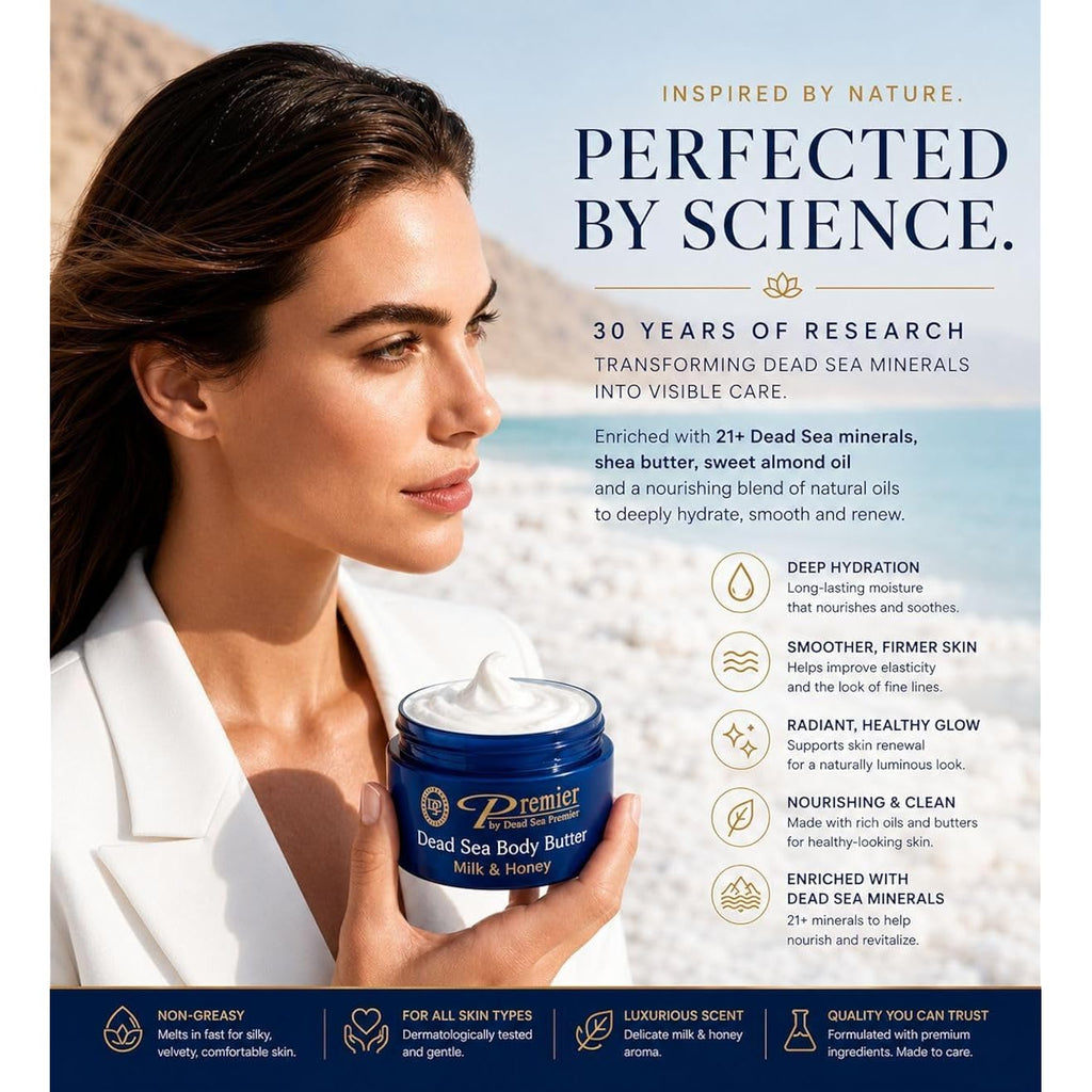 Premier Dead Sea Anti-Aging Body Cream - Deep Moisturizing Body Butter For Dry Skin With Dead Sea Minerals, Firming Lotion For Women, Luxury Skin Care (Milk & Honey, 5.95 Fl Oz)