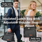 ExtraCharm Insulated Lunch Bag for Women/Men - Reusable Lunch Box for Office Picnic Hiking Beach - Leakproof Cooler Tote Bag Organizer with Adjustable Shoulder Strap for Adults - Black