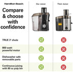 Hamilton Beach Juicer Machine, Big Mouth 3” Feed Chute For Whole Fruits And Vegetables, Easy To Clean, Centrifugal Extractor, Vegetable & Fruit Juicer, Bpa Free, 800W Motor, Black