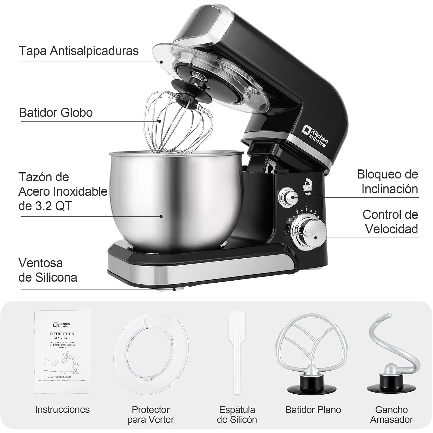 Kitchen In The Box Stand Mixer,3.2Qt Small Electric Food Mixer,6 Speeds Portable Lightweight Kitchen Mixer For Daily Use With Egg Whisk,Dough Hook,Flat Beater (Black)