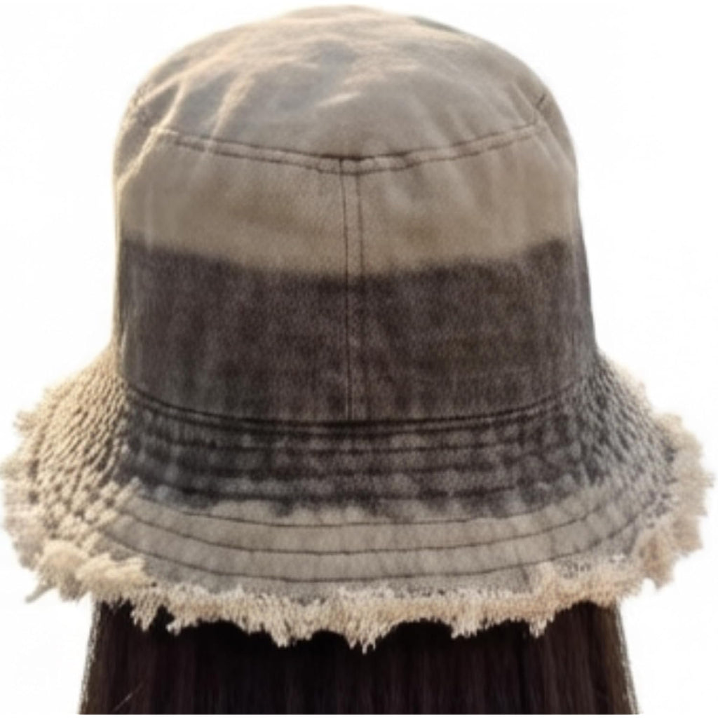 Women Retro Sun Hat Frayed Edge Brim Bucket Hats Distressed Denim Summer Beach Travel Caps Two Tone Contrasting Dark Grey/Beige