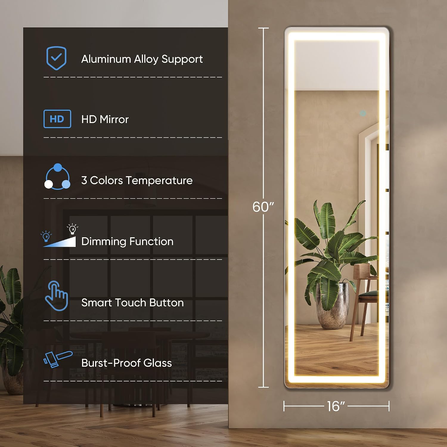 Dumos 16" X 60" Led Full Length Mirror With Lights, Lighted Floor Full Body Mirrors With 3 Color Lighting, Wall Mounted Stand Mirror For Bedroom, Dressing Room, Living Room, Bathroom