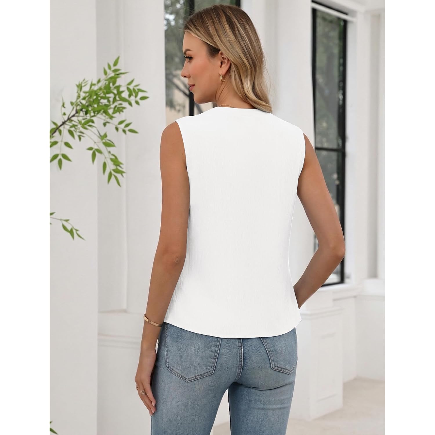 Womens Sleeveless Dress Button Down Shirt Dressy Business Casual Work Blouse Tank Tops Summer Pleated V Neck Top