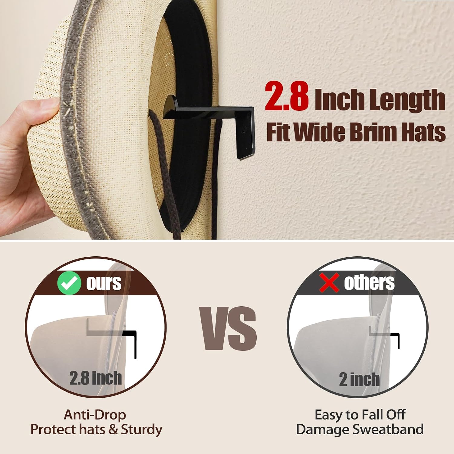 2.8 Inch Hat Hooks For Wall - (8 Pack) Cowboy Hat Rack, Strong Adhesive Cap Holder, Organizer For Baseball Caps, Western Room Decor - Black