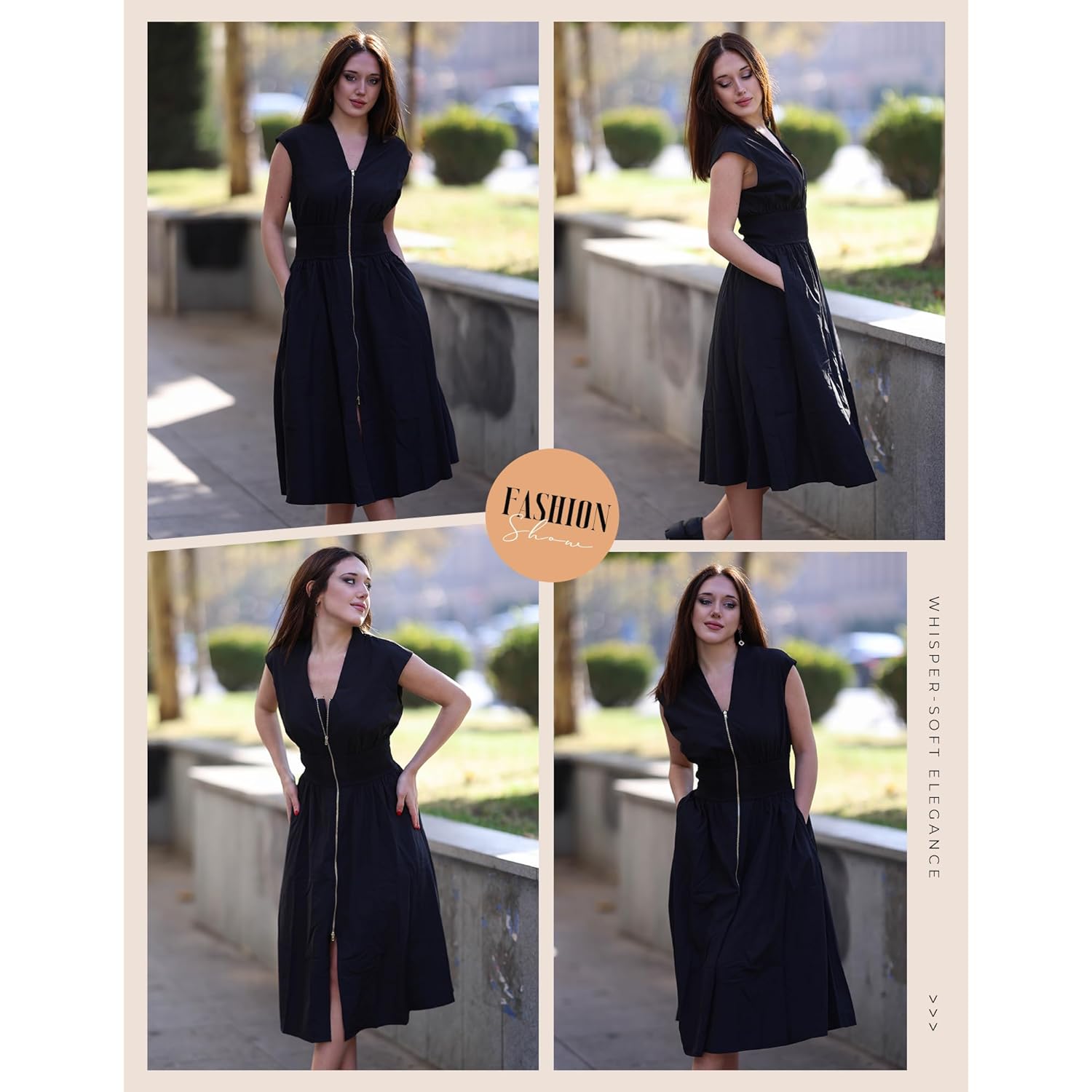 Womens Summer Casual Dress, Business Office Work Dresses, Cap Sleeve Zipper Front Flowy Midi Dress with Pockets