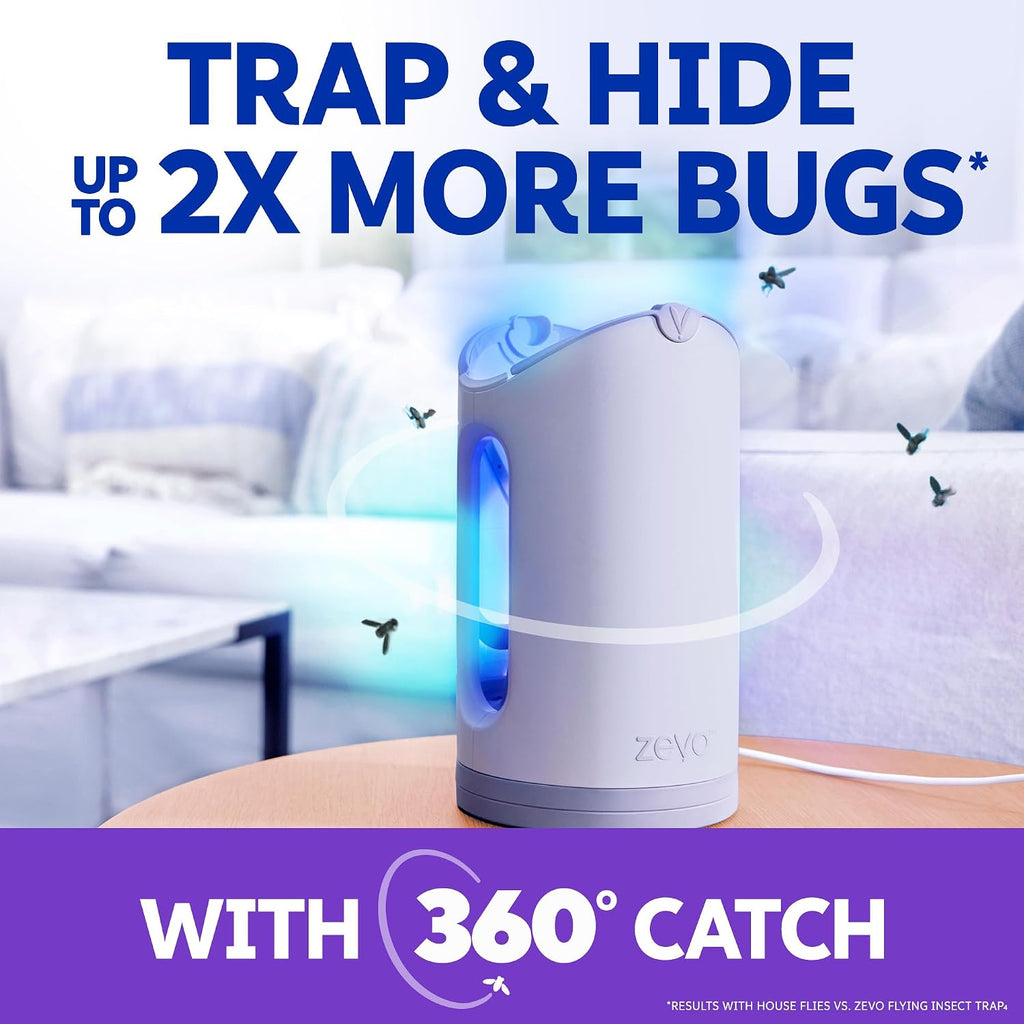 Zevo Max Bug Catcher & Fly Trap For Indoors - Flying Insect Trap For Gnats, House & Fruit Flies - Use In Any Room - No-Mess Disposal (1 Plug In Base & 2 Cartridges)