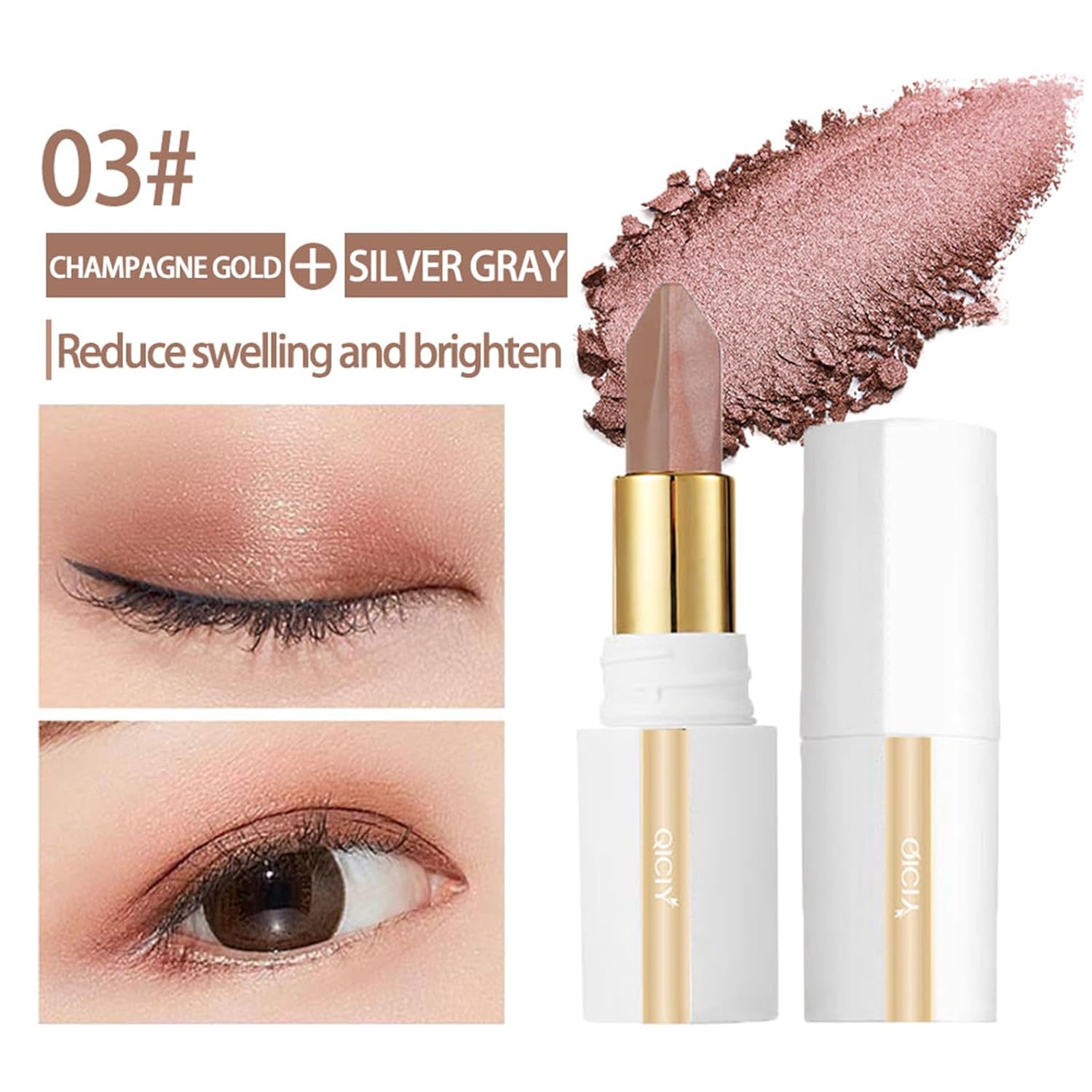 ADMD Two Color Eyeshadow Stick Champagne Gold + Silver Gray Shimmer & Smoky Eye Shadow Pen for Puffiness Reduction, Brightening, Long-Lasting Wear Daily & Evening Makeup(03#)
