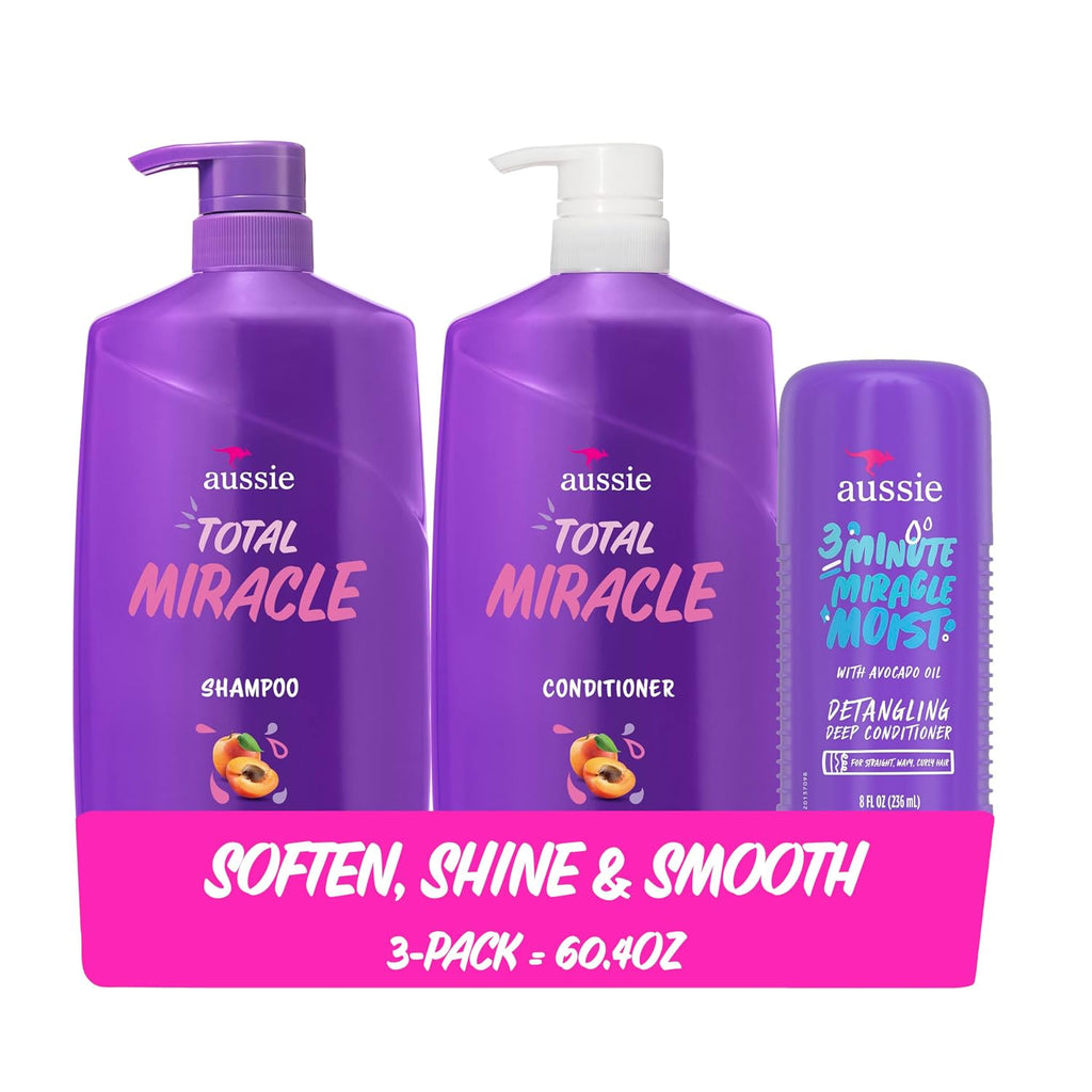 Aussie Total Miracle Hair Care Bundle: Shampoo, Conditioner, And 3 Minute Deep Treatment With Apricot & Macadamia Oil, Paraben-Free For Damaged Hair, 26.2 & 8 Fl Oz