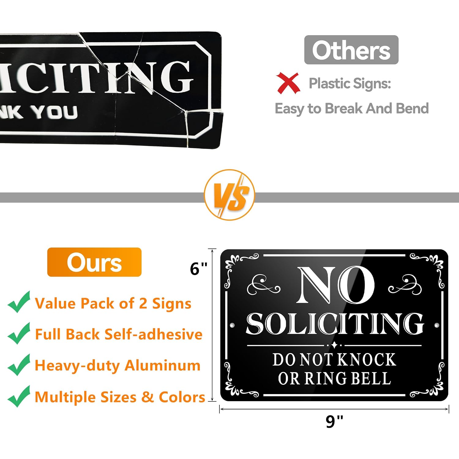 No Soliciting Sign For Front Door, (2 Pack) Self-Adhesive No Soliciting Sign For House, 9 X 6 Inches Aluminum Metal Signs For Yard (Black/White, Large 9 X 6 Inches)