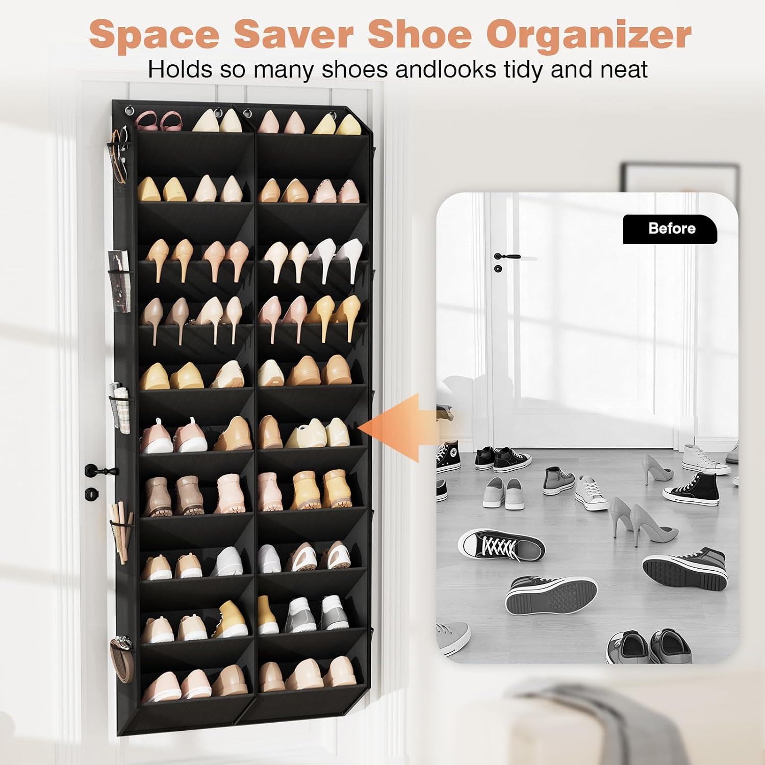 Over The Door Shoe Organizer, Hanging Shoe Rack For Closet Door Shoe Storage For 30 Pairs Sneaker And Boots, Large Shoe Holder For Door With 10 Side Pockets, Space Saving, Black