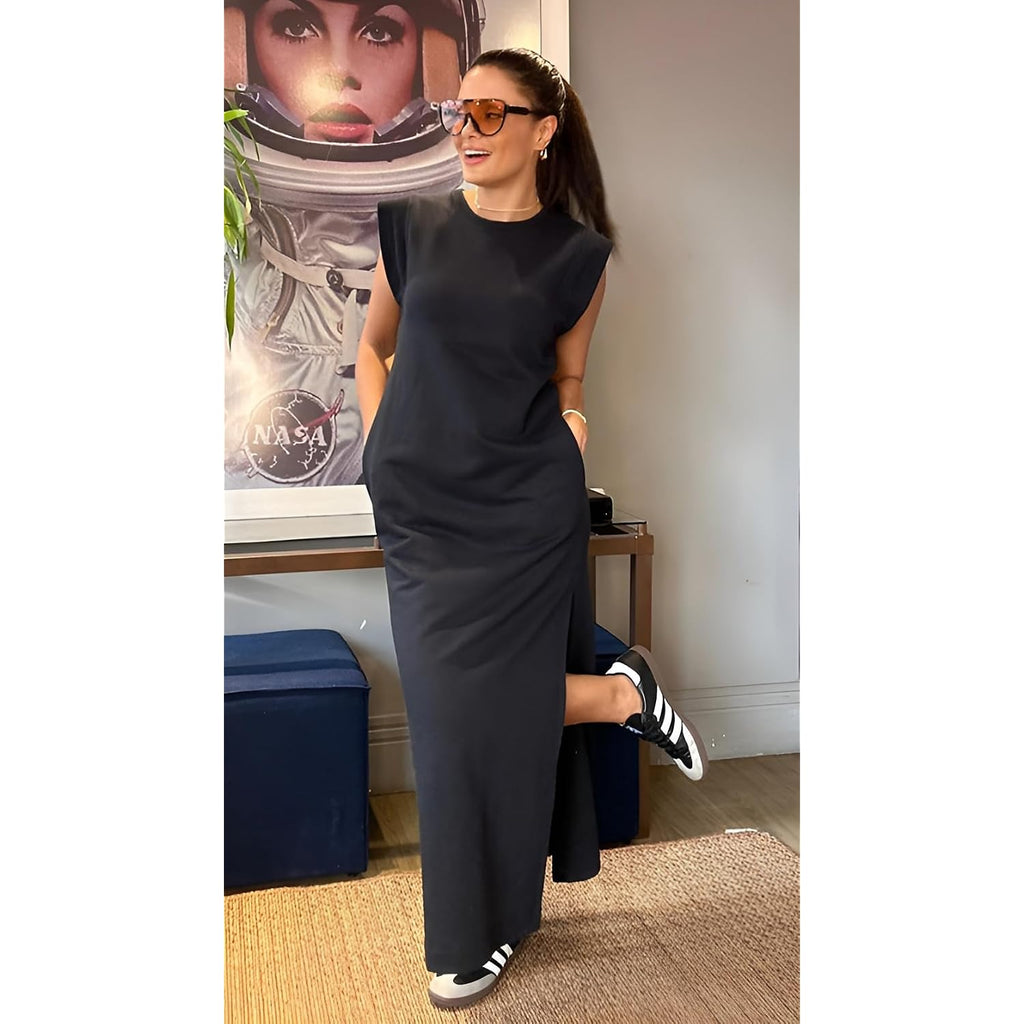 Grecerelle 2026 Women Year-Round Casual Round Neck Loose Split Wrinkle-Free Long Maxi Vacation Dress With Pockets (Xxs-4Xl)