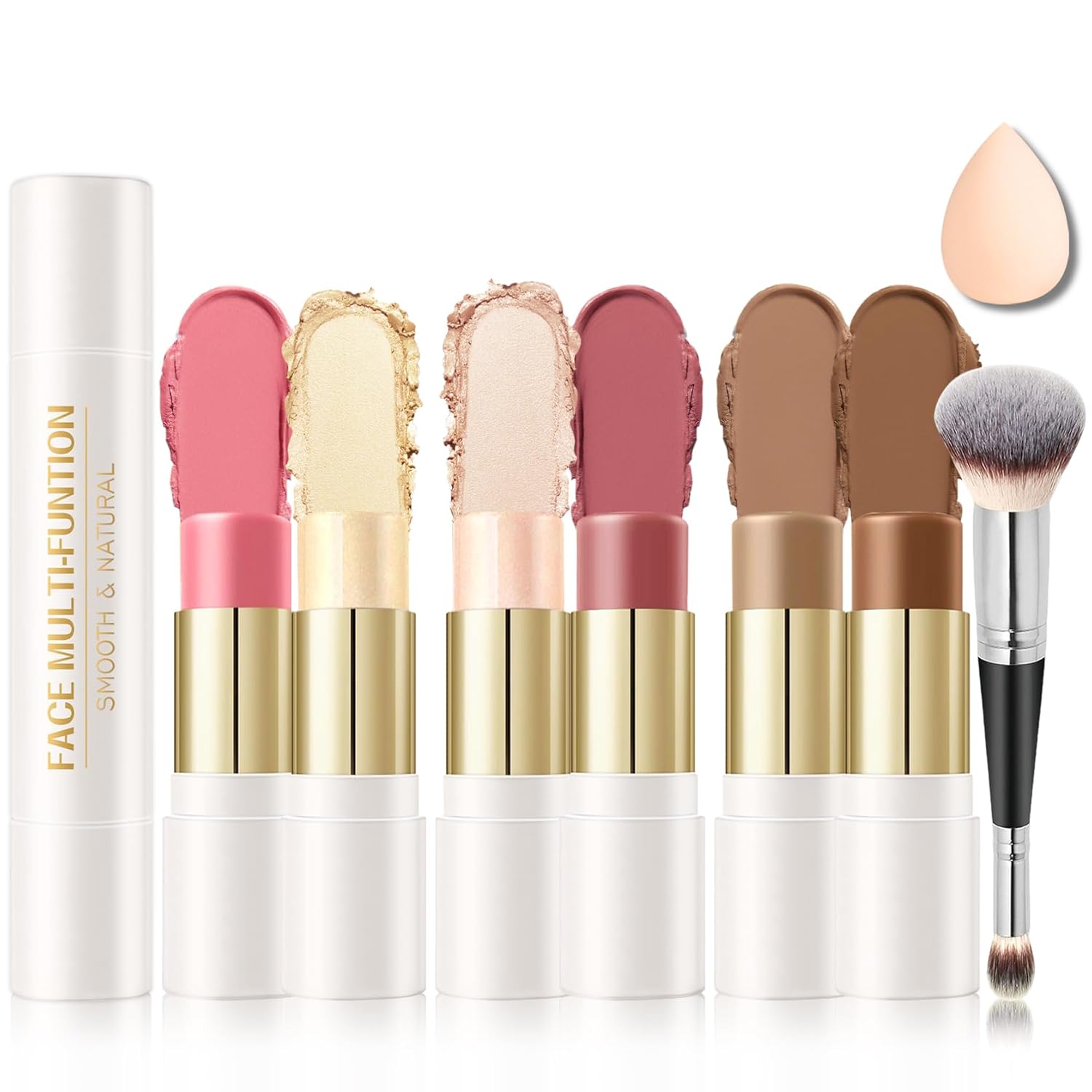 IONSGAKO 6 Colors Cream Contour Stick Makeup Kit, Double-ended Cream Highlighter Stick Bronzer and Blush Stick for Sculpt the Cheeks, Matte & Dewy Finish, Face Contour Kit for Beginners, Set A