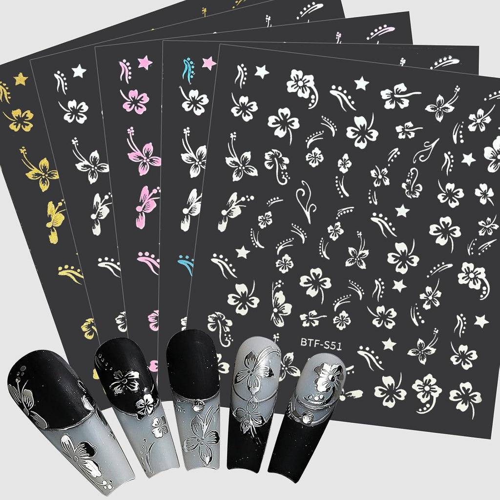 MUIIGOOD Flower Nail Stickers 10 Sheets Hibiscus Nail Decals White Pink Golden Clear Silver Decals Nail Art Decorations Nail Decals Nail Art Supplies Nail Designs for Women Manicure Tips