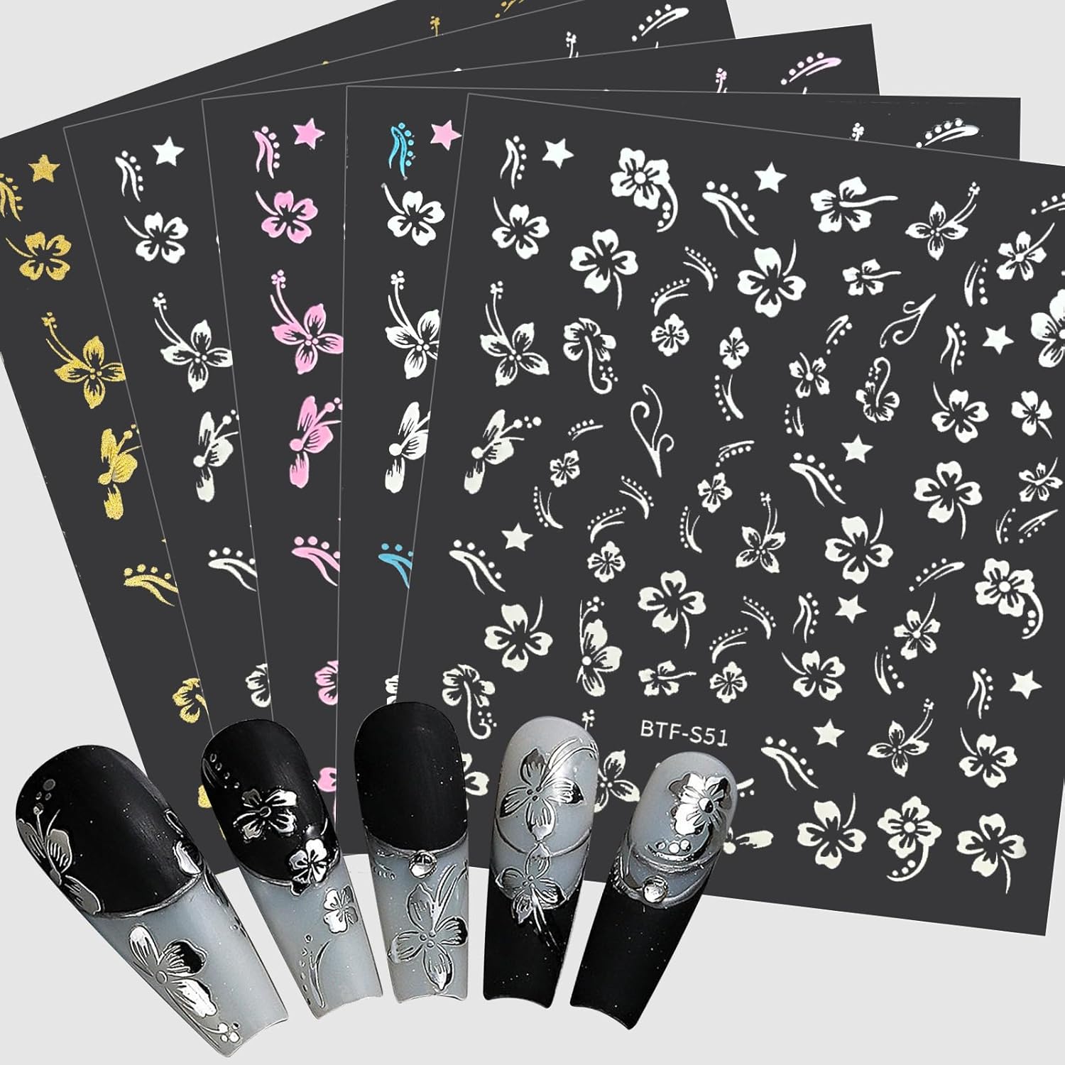 MUIIGOOD Flower Nail Stickers 10 Sheets Hibiscus Nail Decals White Pink Golden Clear Silver Decals Nail Art Decorations Nail Decals Nail Art Supplies Nail Designs for Women Manicure Tips