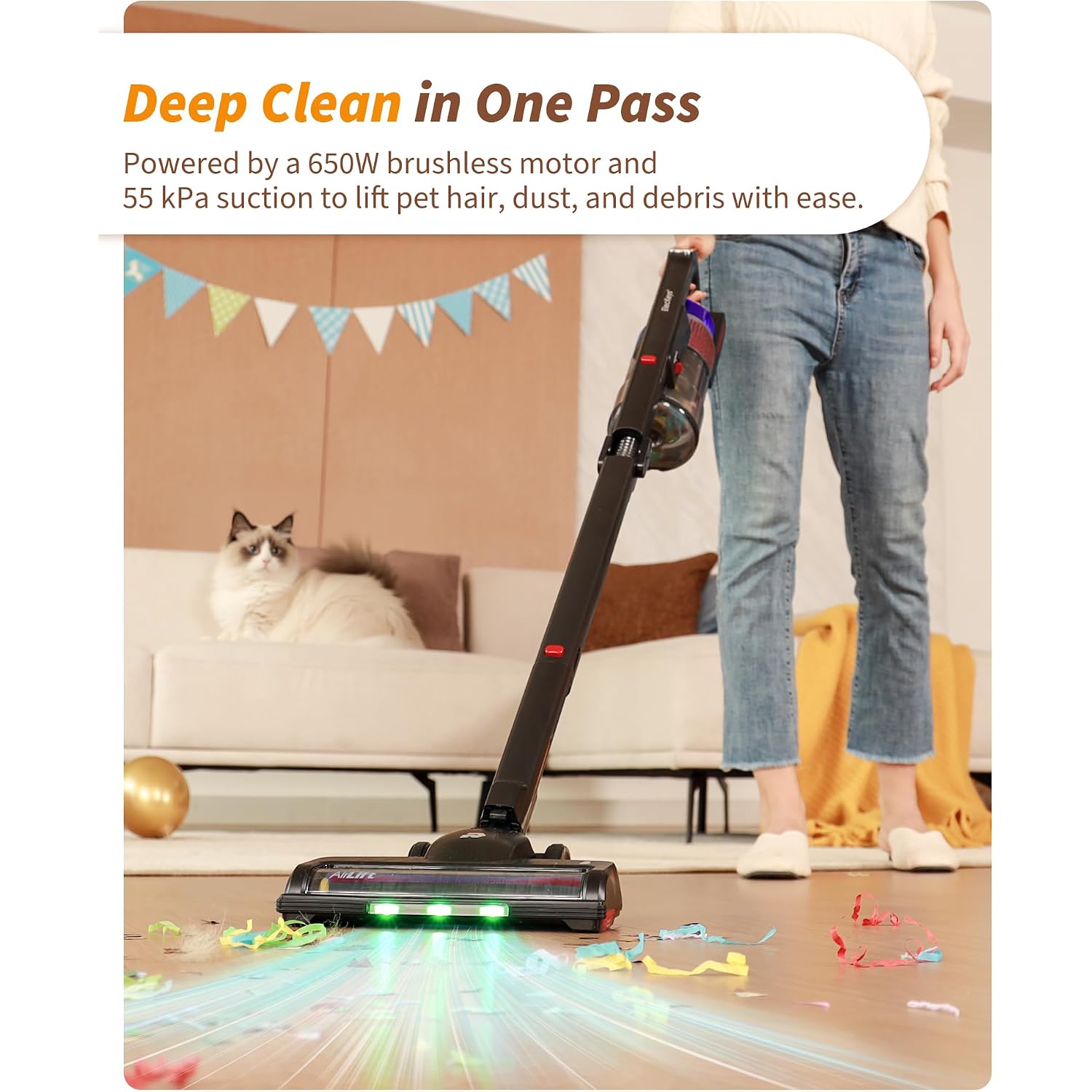 Eleckeys 650W Cordless Vacuum Cleaner For Home, Pet Hair & Hardwood Floors, 55Kpa Lightweight Vacuum Cleaners With 65 Mins Runtime, Self-Standing, Foldable Tube, Charging Dock & Anti-Tangle Brush