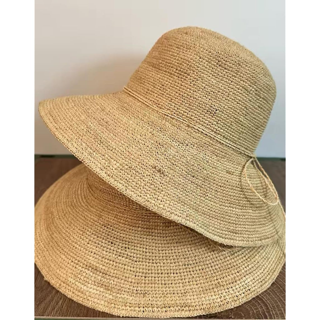 Natural Raffia Straw Bucket Hat For Women Sun Beach Handmade Raffia Woven Bucket Hat Foldable Summer Cap