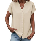 Button Down Shirts for Women Short Sleeve Tops V Neck Collar Blouses Business Casual Outfits