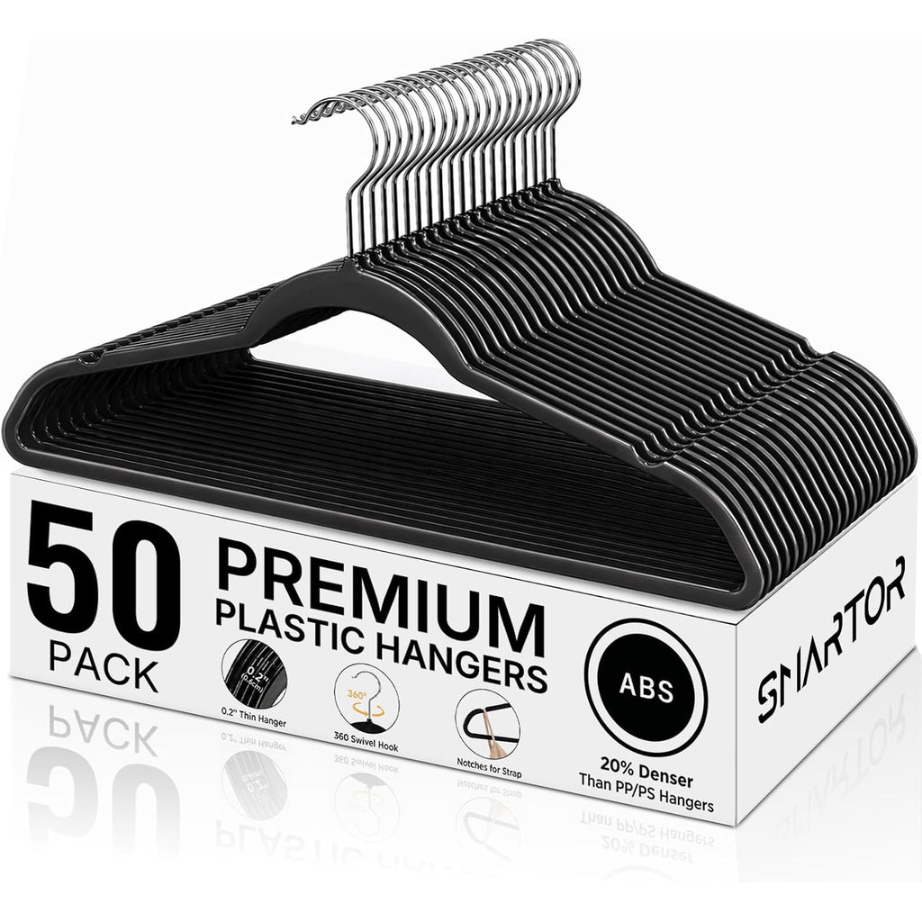 Plastic Hangers 50 Pack, Heavy Duty Plastic Hangers For Clothes - Non-Velvet Slim Hangers With 360° Swivel Hook & Clothes Thin Hanger - Durable Coat Hangars, Space Saving Hanger - Black