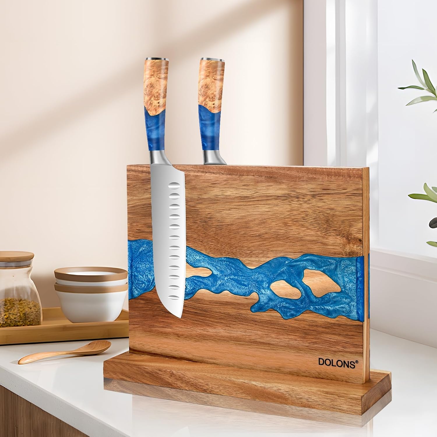 Magnetic Knife Block,Acacia Wood And Resin Kitchen Magnetic Knife Holder，Equipped With Strong Magnets,Multifunctional Double Side Knife Storage Organizer For Kitchen Counter ，Gifts For New Home