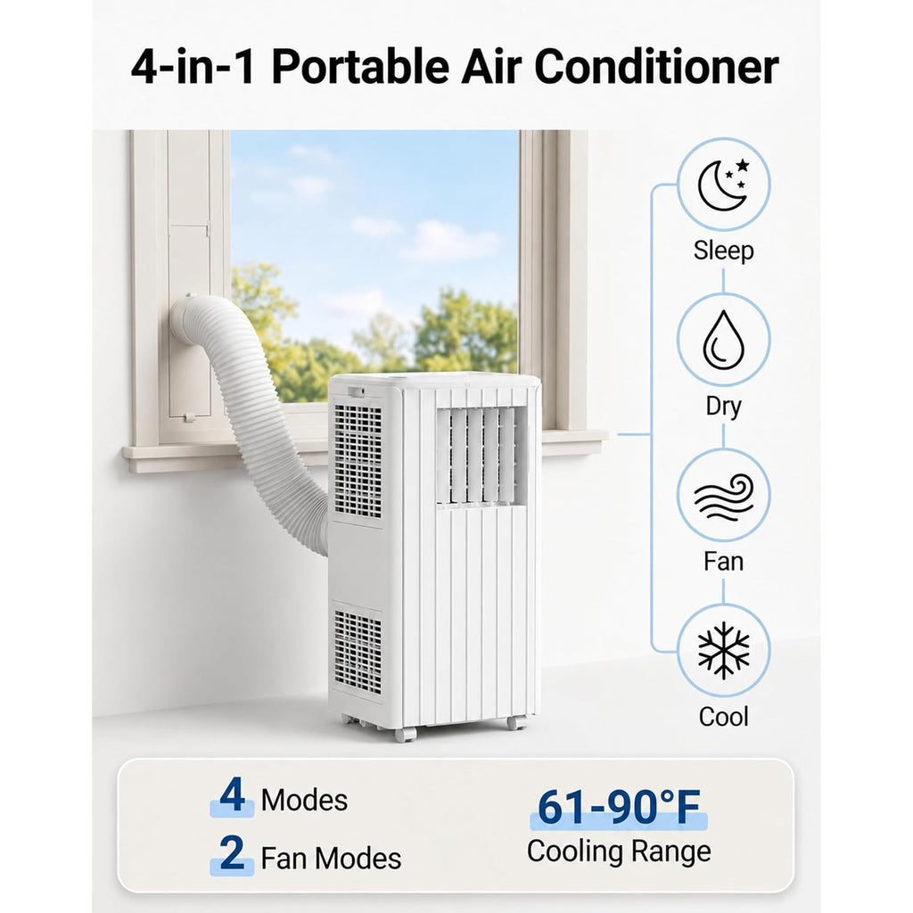 8,000 Btu Portable Air Conditioners, Cools Room Up To 350 Sq.Ft, 4-In-1 Ac Unit With Dehumidifier & Fan Mode, Remote Control, Ultra-Quiet 50Db, White & Black, Easy Window Kit