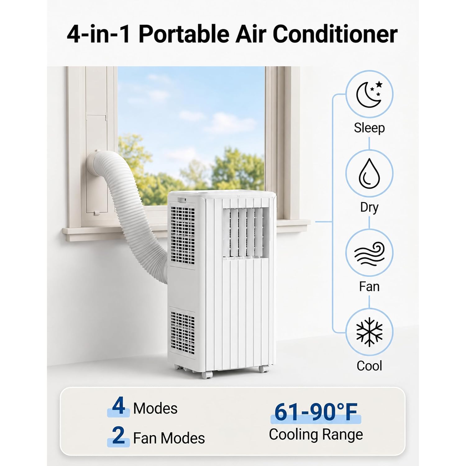 8,000 Btu Portable Air Conditioners, Cools Room Up To 350 Sq.Ft, 4-In-1 Ac Unit With Dehumidifier & Fan Mode, Remote Control, Ultra-Quiet 50Db, White & Black, Easy Window Kit