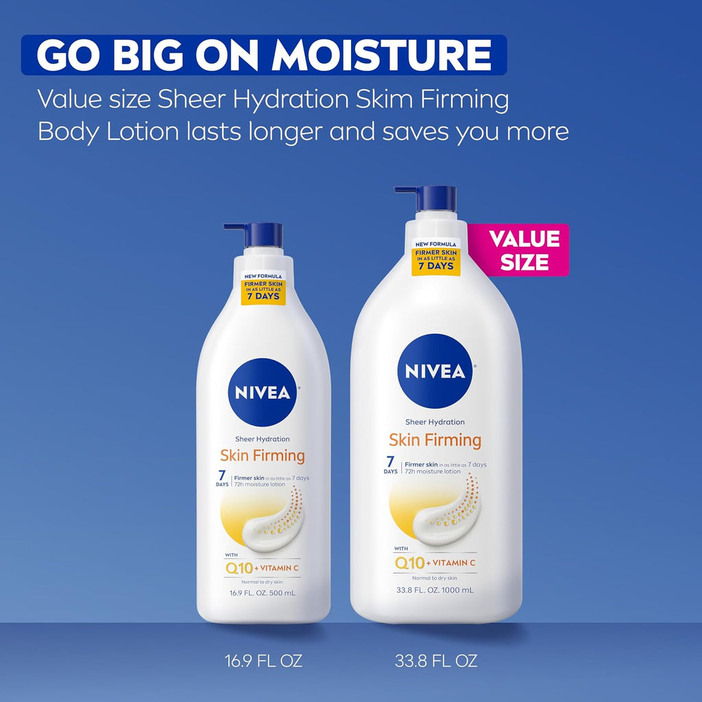 Nivea Sheer Hydration Skin Firming Body Lotion With Q10 And Vitamin C, 72-Hour Body Moisturizer For Normal To Dry Skin, 33.8 Fl Oz Value Size Pump Bottle