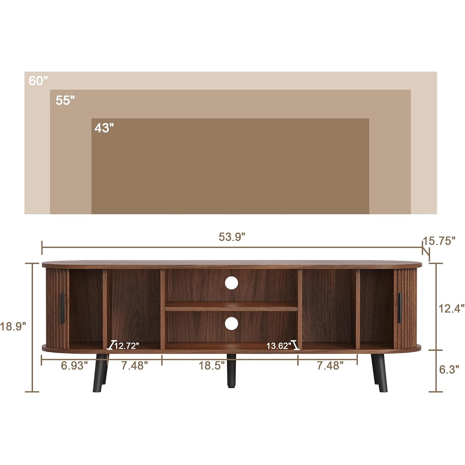 Choochoo Mid Century Modern Tv Stand For Tvs Up To 60 Inch, Entertainment Center With Fluted Sliding Doors And Hidden Storage, Tv Console With Adjustable Shelf For Living Room, Bedroom, Walnut