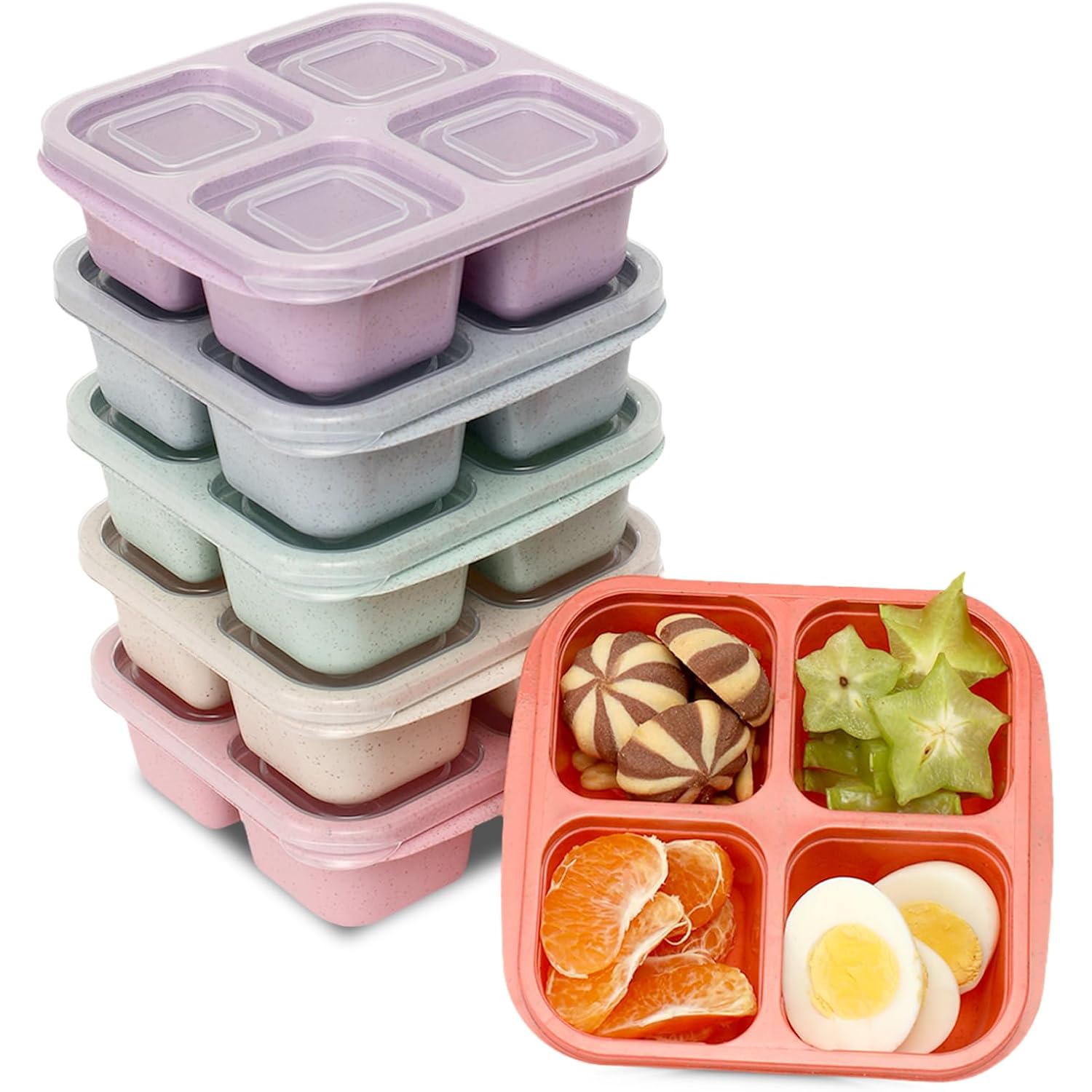 6 Pack Snack Containers, 4 Compartment Snack Box Containers Bento Box, Reusable Meal Prep Lunch Containers For Adults Kids Toddler, Divided Food Containers For Travel Work School