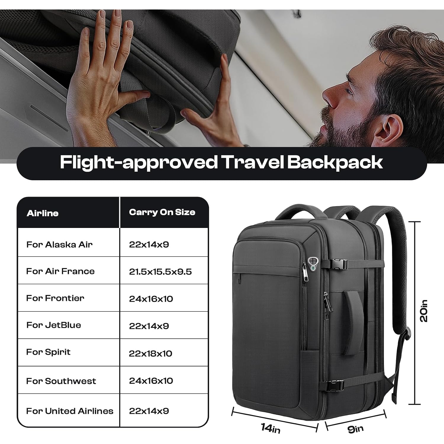 Carry On Backpack For 1-10 Days Trips, Extra Large 40L-50L Travel Backpack Tsa Approved, Expandable Laptop Bagpack, Water Resistant Bag Compatible With 17.3 Inch Laptops, Black