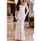Women Vintage Cream Lace Maxi Dress Romantic Long Sleevees Lace Bodycon Dress