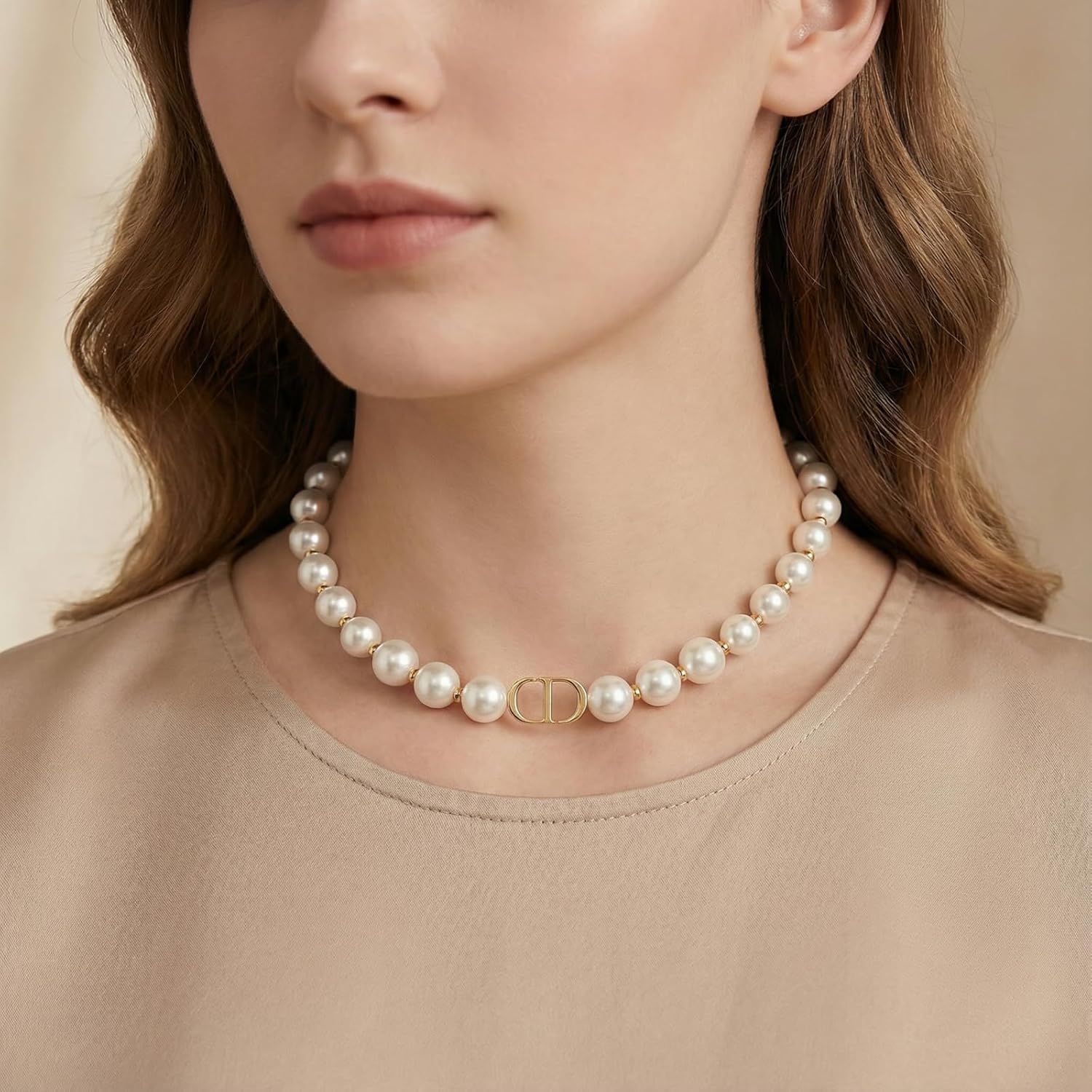 18K gold plated copper pearl necklace, with luxurious letter design and rectangular three-dimensional pendant, double-layered stacked straps highlighting the fashionable charm of women's jewelry