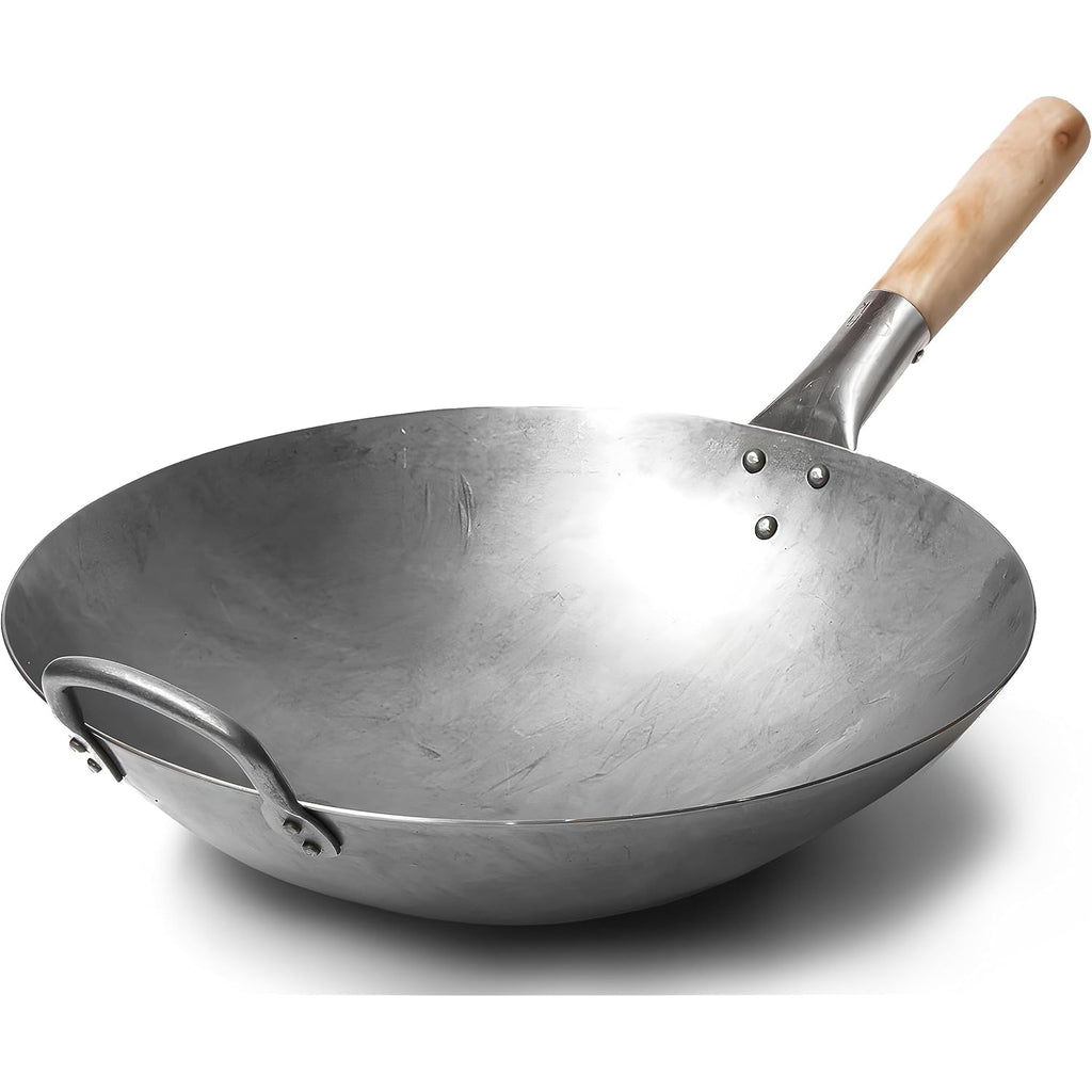 Craft Wok Traditional Hand Hammered Chinese Carbon Steel Wok with Wooden and Steel Helper Handle (14 Inch, Round Bottom Pow Wok Pan) / 731W88
