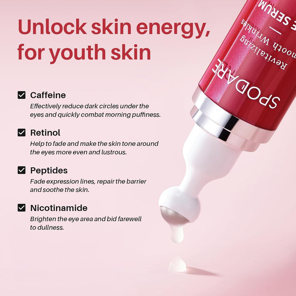 Spodare Eye Serum, Dark Circles Under Eye Treatment With Caffeine And Retinol, Hyaluronic Acid, Niacinamide And Peptides For Puffiness, Fine Lines And Wrinkles, 360° Massage Ball, 0.5 Fl Oz