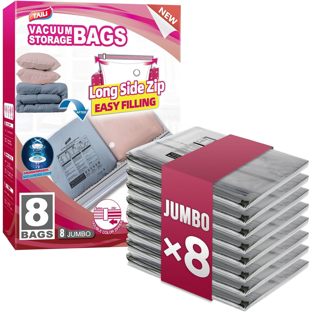 Taili 8 Pack Jumbo Vacuum Storage Bags, 39X28 Inch, Long Side Zip Vacuum Seal Bags For Clothing, Space Saver For Beddings, Comforters, Blankets, Pillows