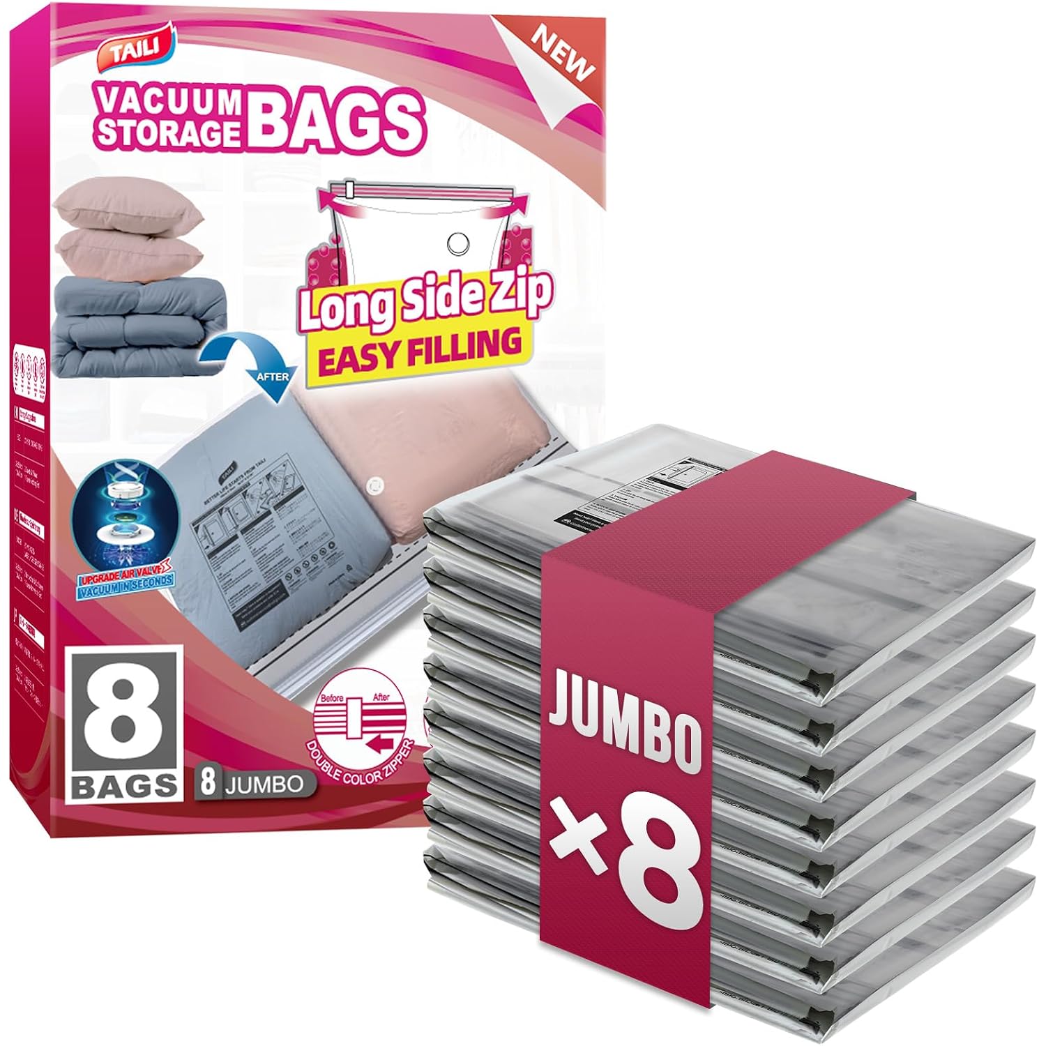 Taili 8 Pack Jumbo Vacuum Storage Bags, 39X28 Inch, Long Side Zip Vacuum Seal Bags For Clothing, Space Saver For Beddings, Comforters, Blankets, Pillows
