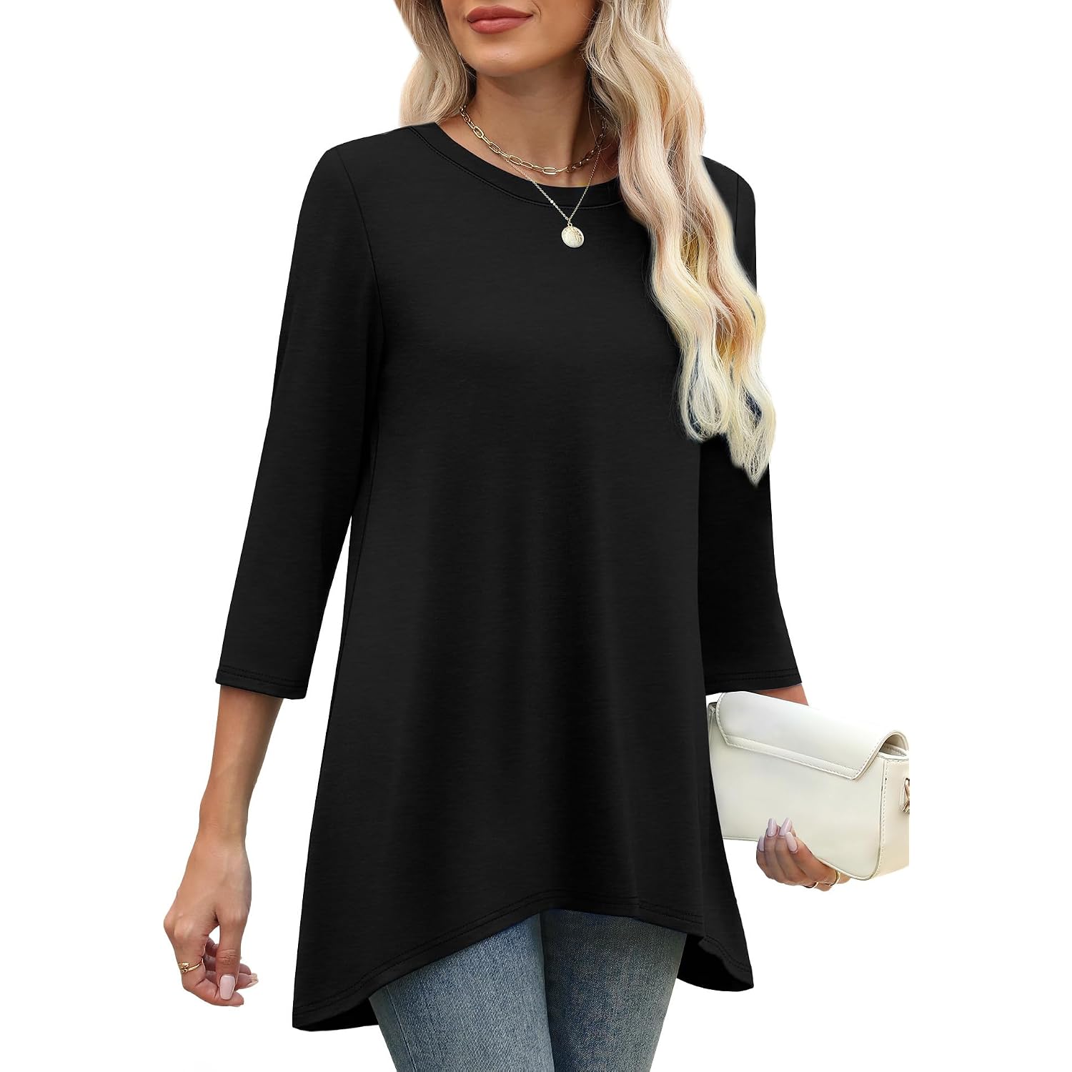 OFEEFAN Tunic Tops for Women Loose Fit Dressy 3/4 Length Sleeve Womens Tops with Asymmetrical Hem S-4XL