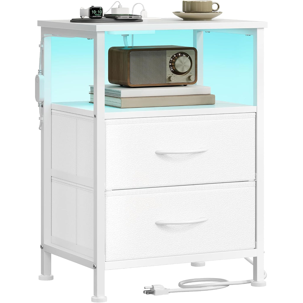 Songmics Bellah Collection - Nightstand With Charging Station And App-Controlled Adjustable Led Lights, Bed Side Table, 2 Drawers And 1 Open Shelf, Modern, Cloud White And Snow White Ulgs302Wh01S